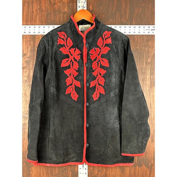Linea Louis Dell' Olio Floral Applique Lined Leather Coat Black Red Womens Large - Picture 1 of 6